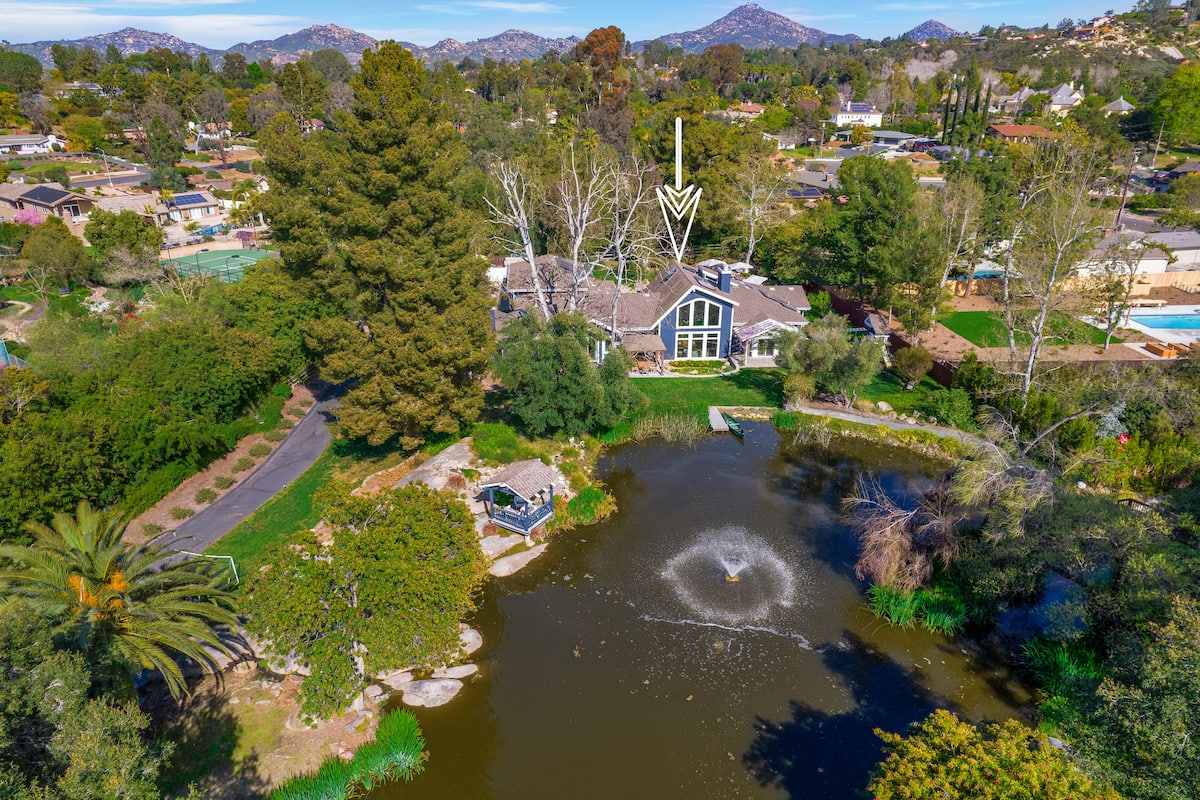 Aerial view of the Peaceful Pond House grounds in Poway